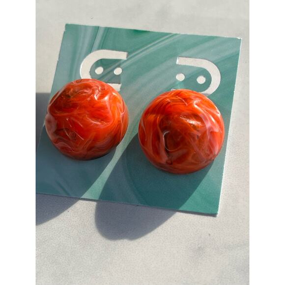 1970s Orange Marbled Half-Sphere Clip-On Earrings Retro Statement Jewelry - Picture 6 of 7